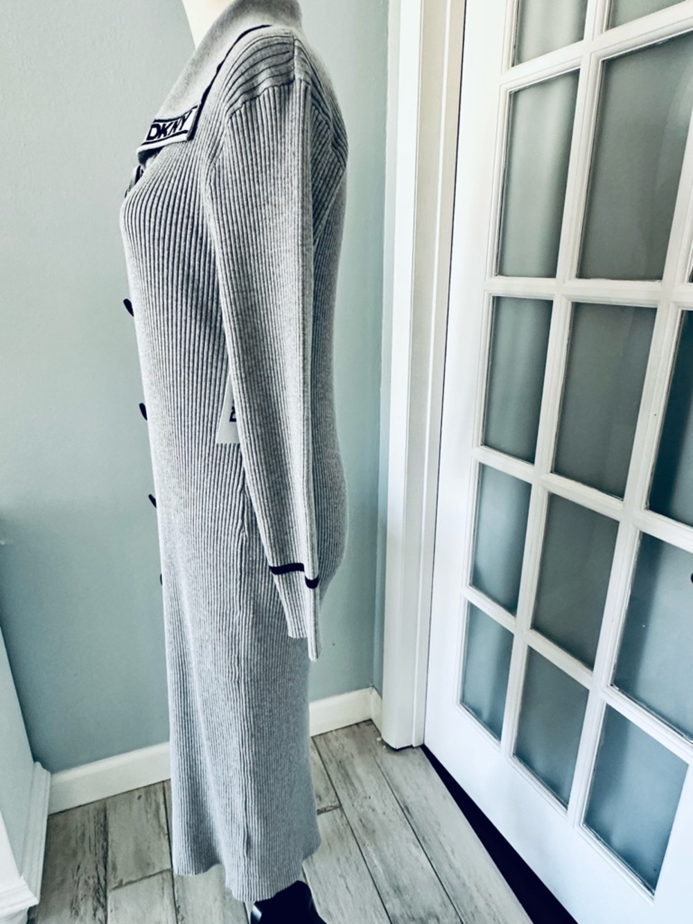 DKNY Light Gray Ribbed Button-Front Cardigan Dress - Picture 6 of 7